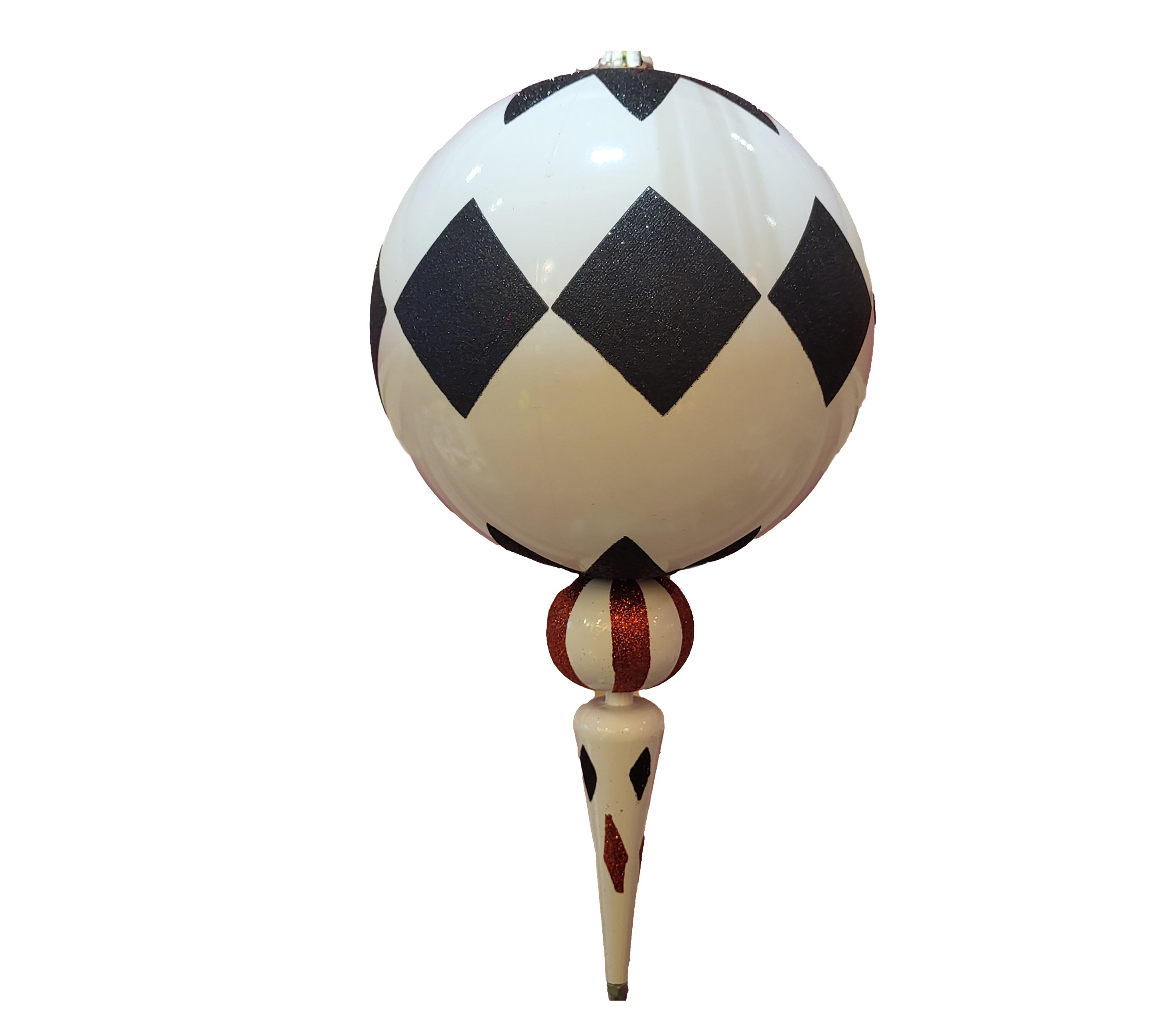 Finial Ornament 8 inch - white with black diamonds