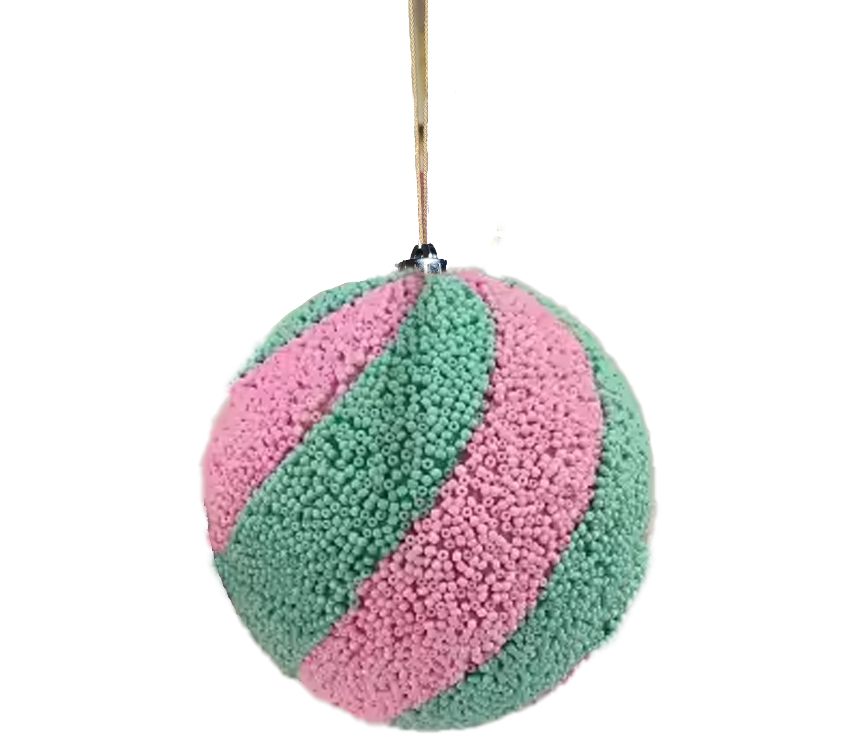 Beaded Ball 6 inch - pink on light teal diagonal stripes