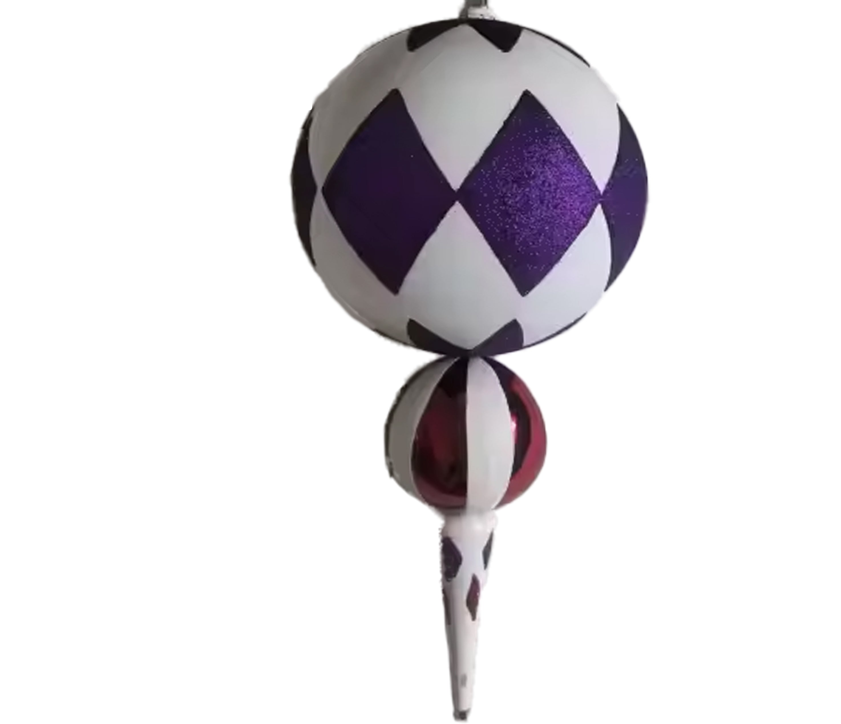 Finial Ornament 10 inch - white with purple diamonds