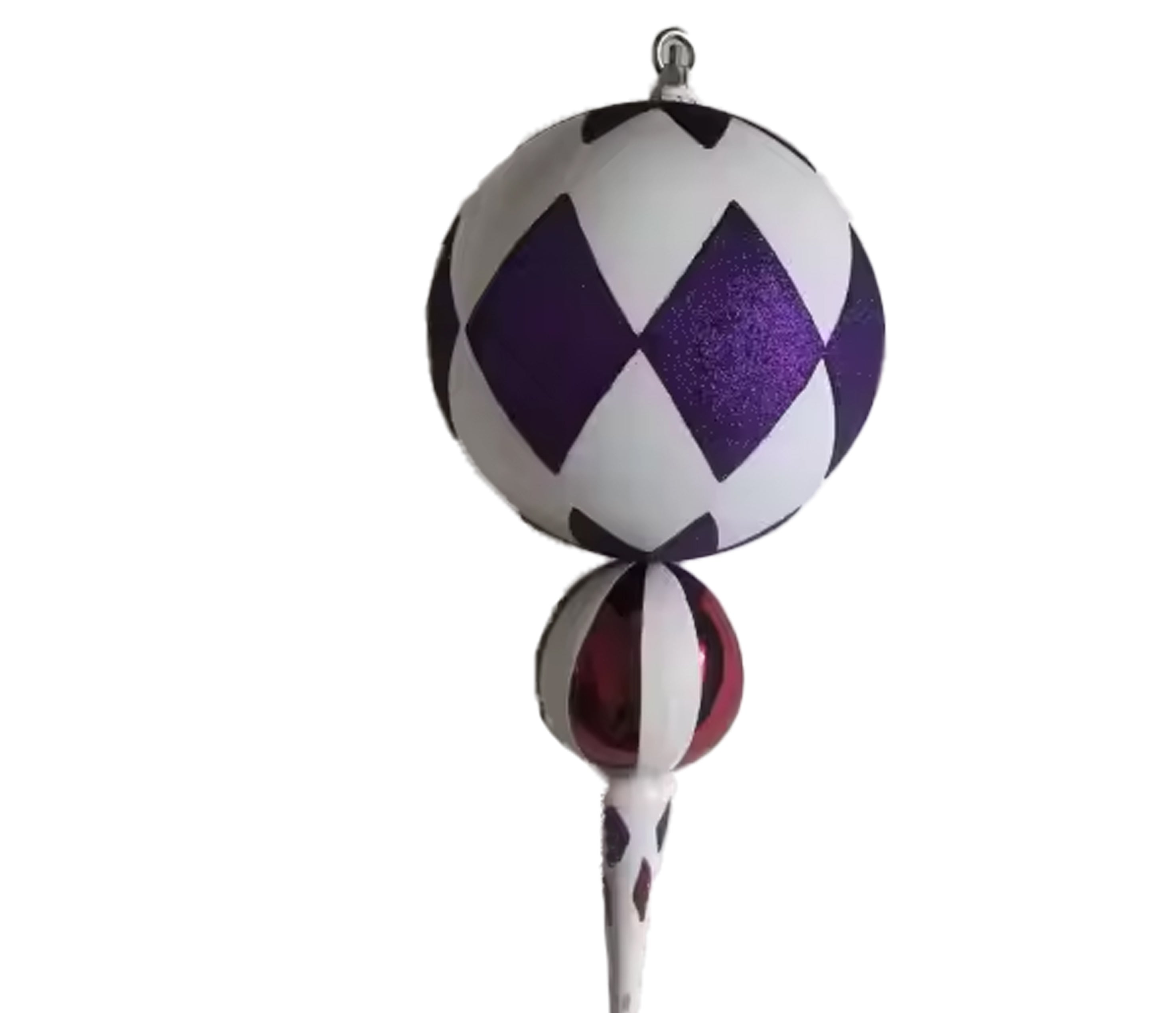 Finial Ornament 8 inch - white with purple diamonds