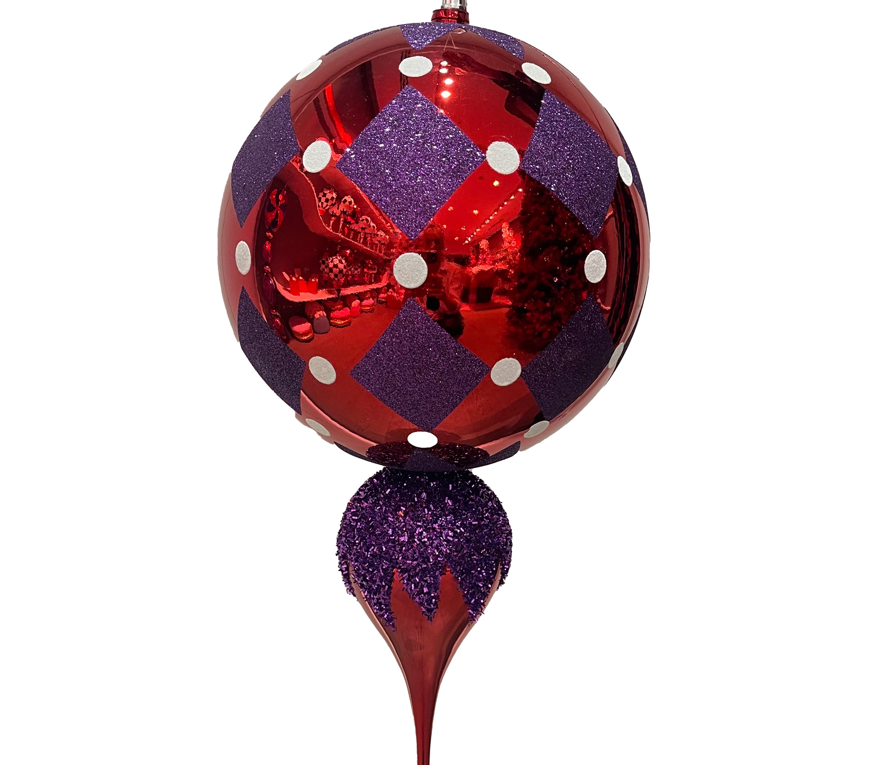 Finial Ornament 10 inch - red with purple diamonds