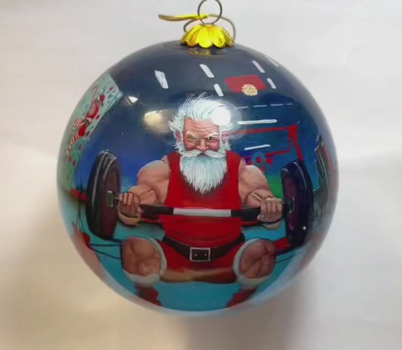 Santa Claus Working Out Limited Edition Glass Ornament - 4 inch