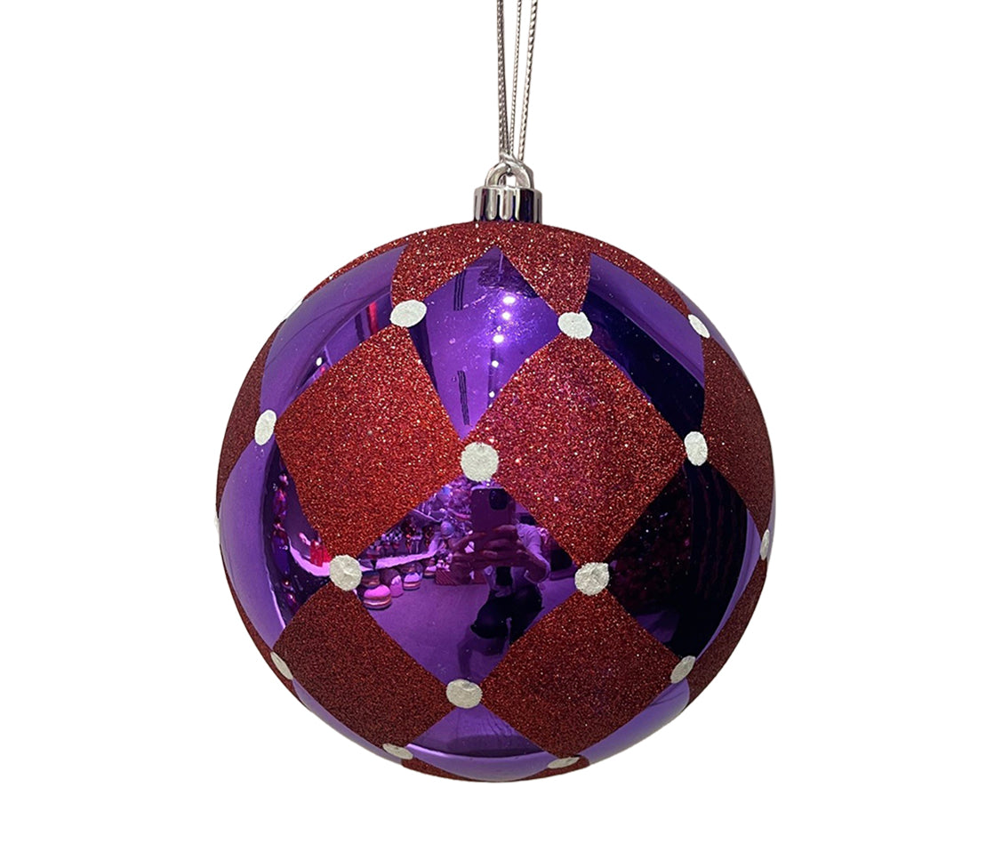 Glitter Ball 6 inch - purple base with red diamonds